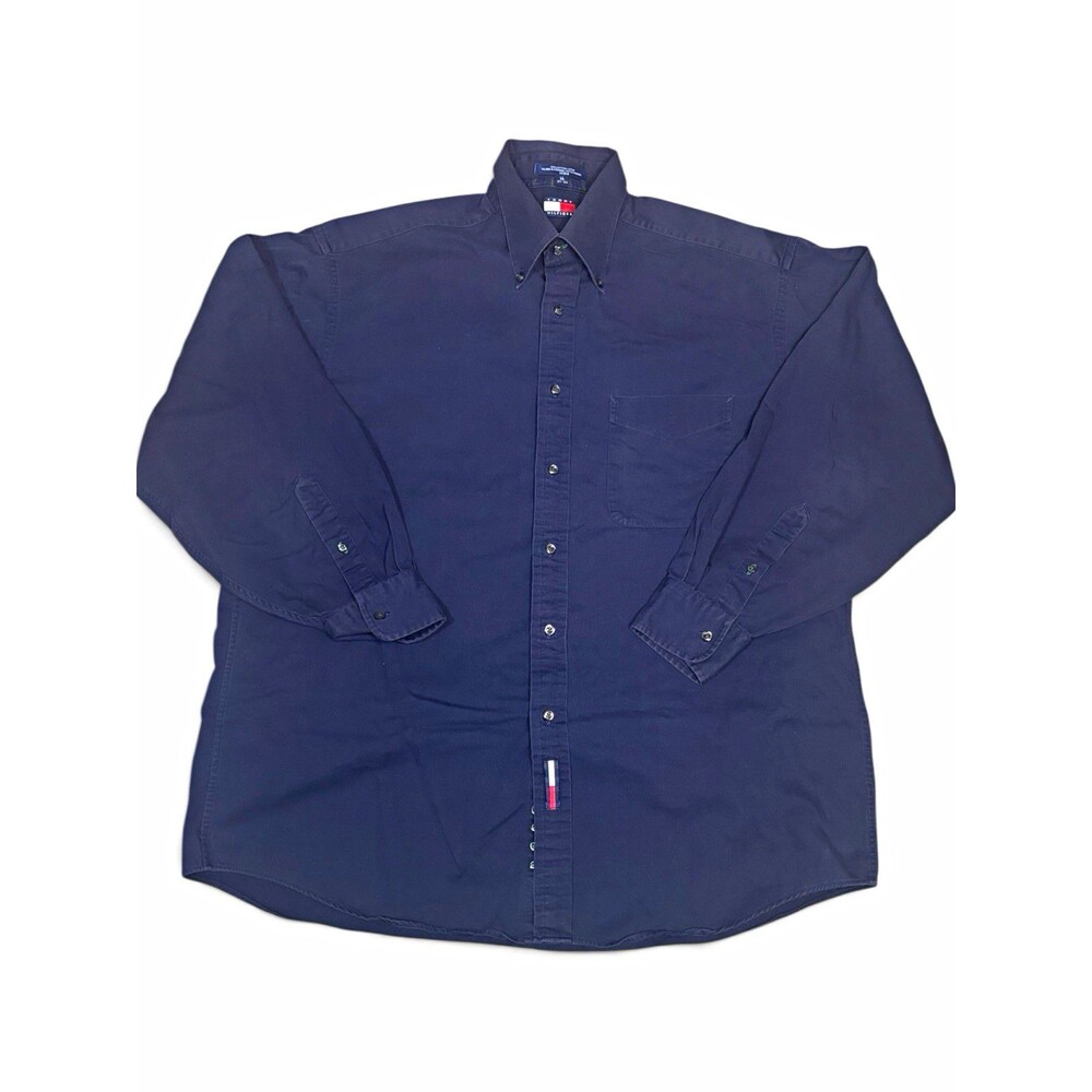 Vintage 90s Tommy Hilfiger Navy Blue Button Down Shirt Mens Size 16 32/33 Medium